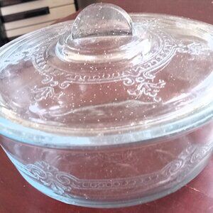 Clear Glass Lidded & Handled Candy Dish W/ Beautiful Design